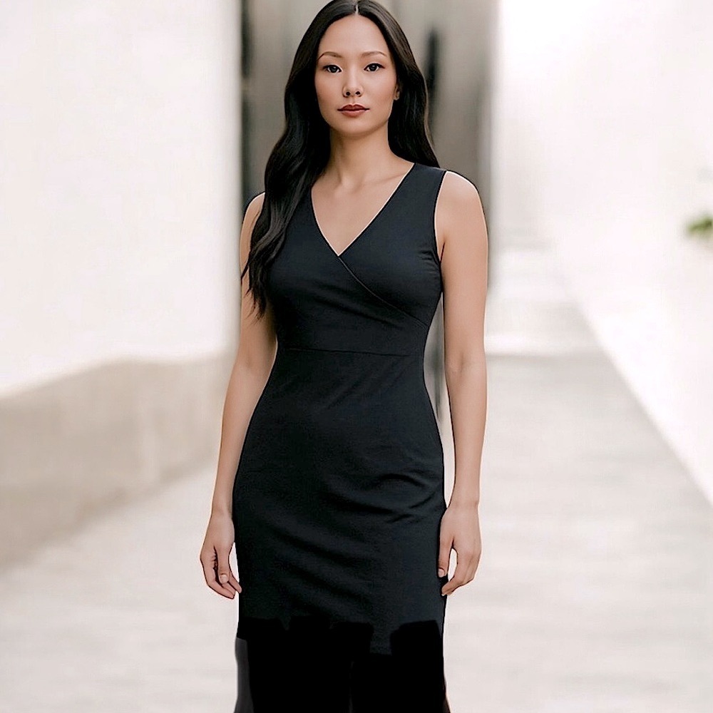 Eileen Fisher Sleeveless Crossover Stretchy Midi Length Black‎ Shift Dress, XS